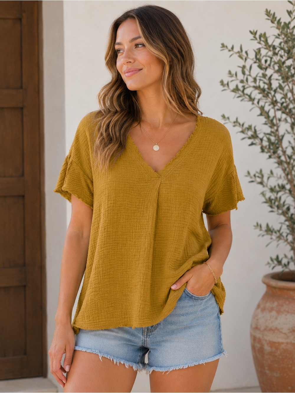 Cropped Textured V-Neck Short Sleeve Top in Mustard